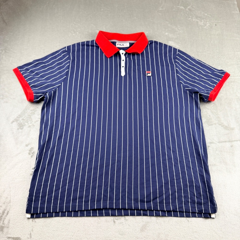Fila Men's Short Sleeve Polo Shirt Navy Blue White Pinstripe Red Collar Size 3XL